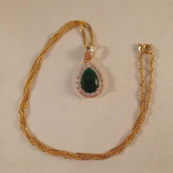 18K Yellow Gold Filled Jade Green Diamond Zircon Pendant Necklace Gorgeous Gift - Picture 3 of 4